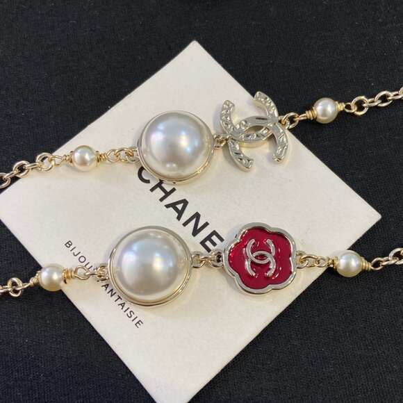 Auth Chanel Red Camellia & Pearl Double Strand Necklace - Picture 4 of 5